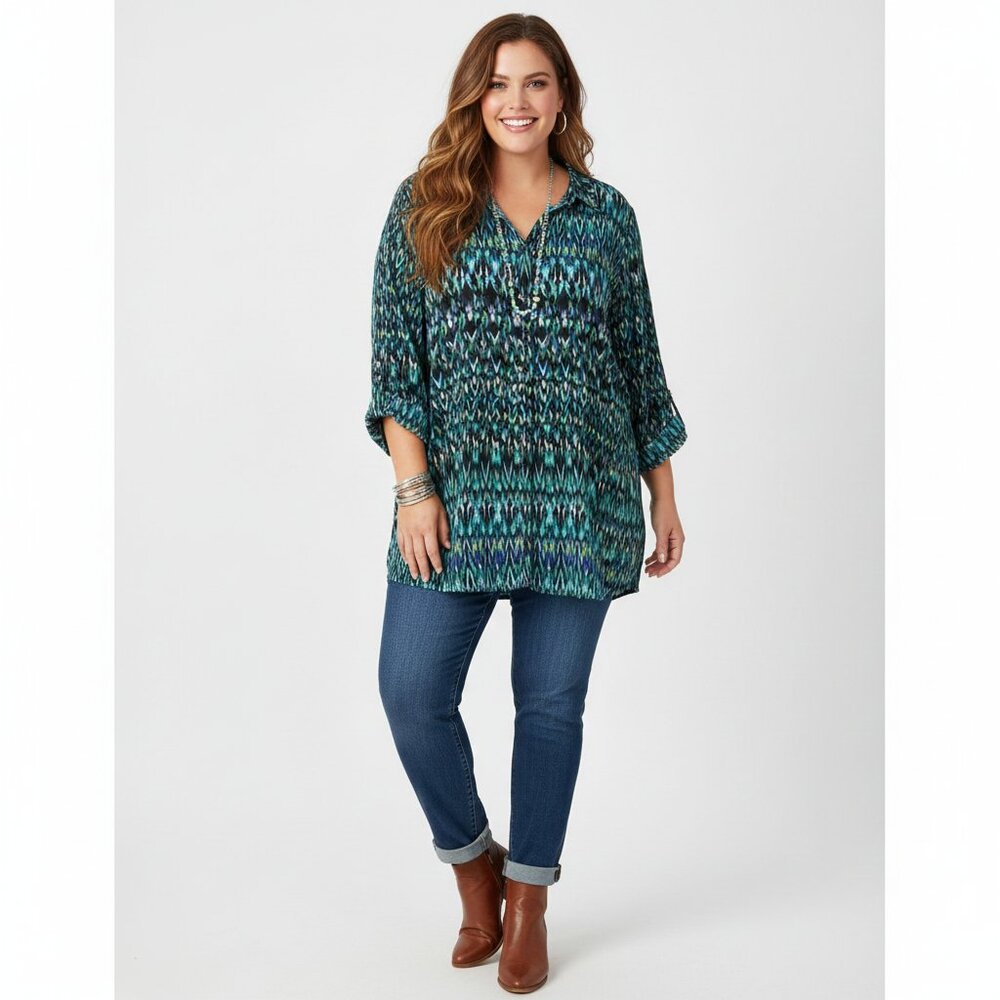 Catherines Women Button Cuffed Long Sleeve Top Plus Size 2X Art Boho Ikat Resort